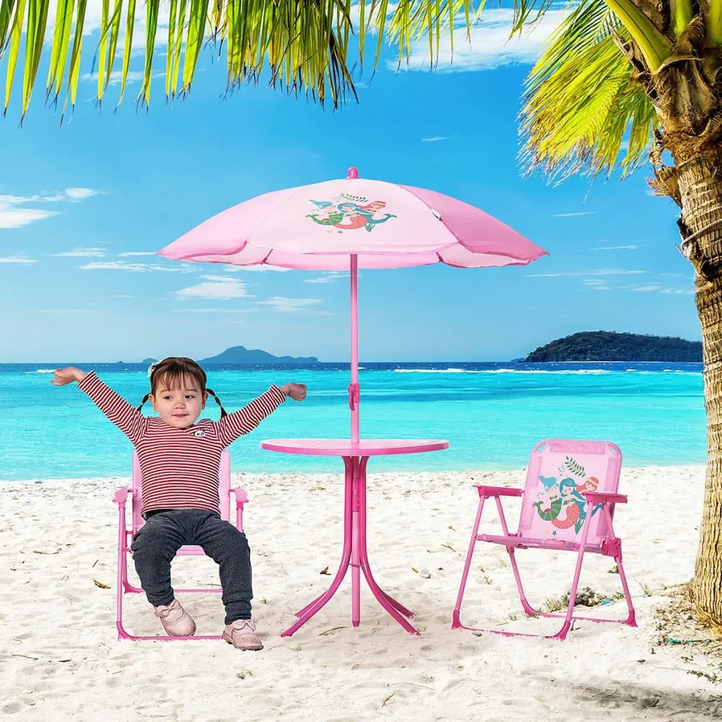 4 Stück Kindermöbel Set Gartentisch 2 Klappstühle Sonnenschirm Camping Kindersitz Set Gartenmöbel für 3-6 Jahre rosa