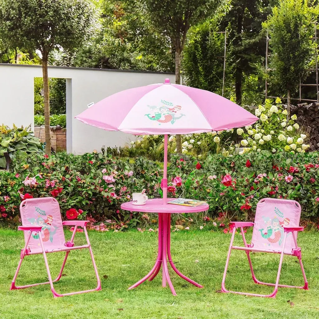 4 Stück Kindermöbel Set Gartentisch 2 Klappstühle Sonnenschirm Camping Kindersitz Set Gartenmöbel für 3-6 Jahre rosa