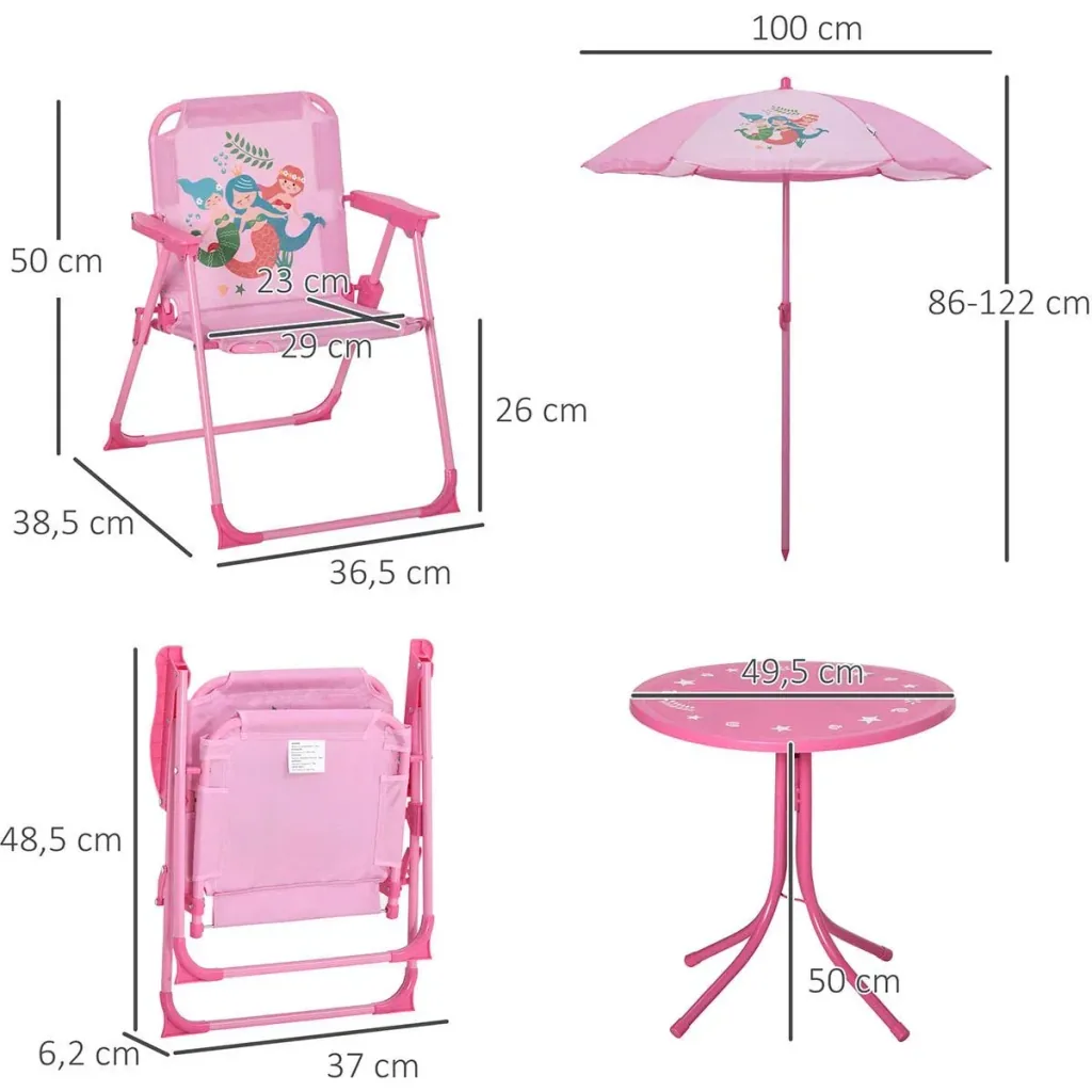 4 Stück Kindermöbel Set Gartentisch 2 Klappstühle Sonnenschirm Camping Kindersitz Set Gartenmöbel für 3-6 Jahre rosa