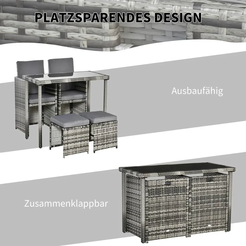 Polyrattan Sitzgruppe Essgruppe Gartenset Garnitur 11 tlg. mit Kissen, Grau