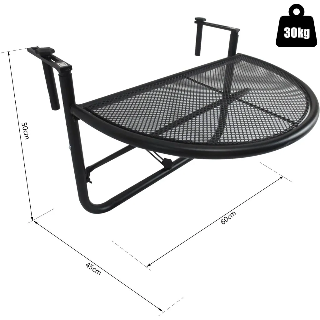 Balkonhängetisch Hängetisch höhenverstellbar halbrund Ø30 cm Terrasse Metall Schwarz L60 x B45 x H50 cm
