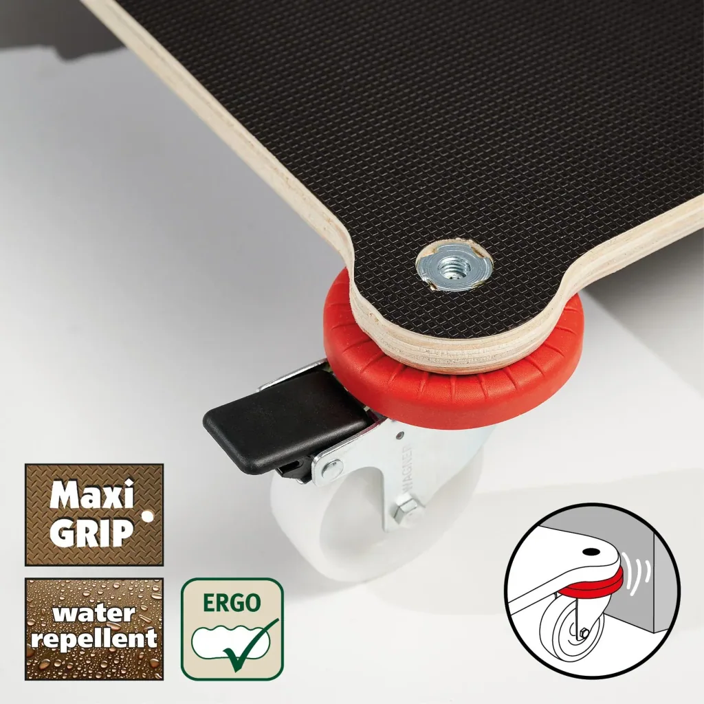 Transporthilfe MM 1375, 71 x 44 x 12,5 cm, harte Rollen Ø 75 mm, Gleitlager, 2 Bremsen, Platte FSC®, Tragkraft 200 kg