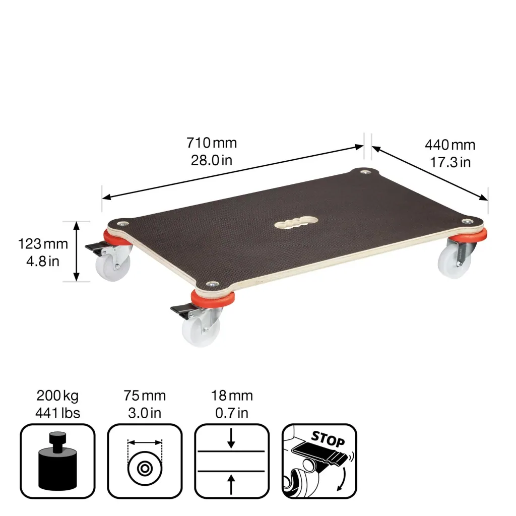 Transporthilfe MM 1375, 71 x 44 x 12,5 cm, harte Rollen Ø 75 mm, Gleitlager, 2 Bremsen, Platte FSC®, Tragkraft 200 kg