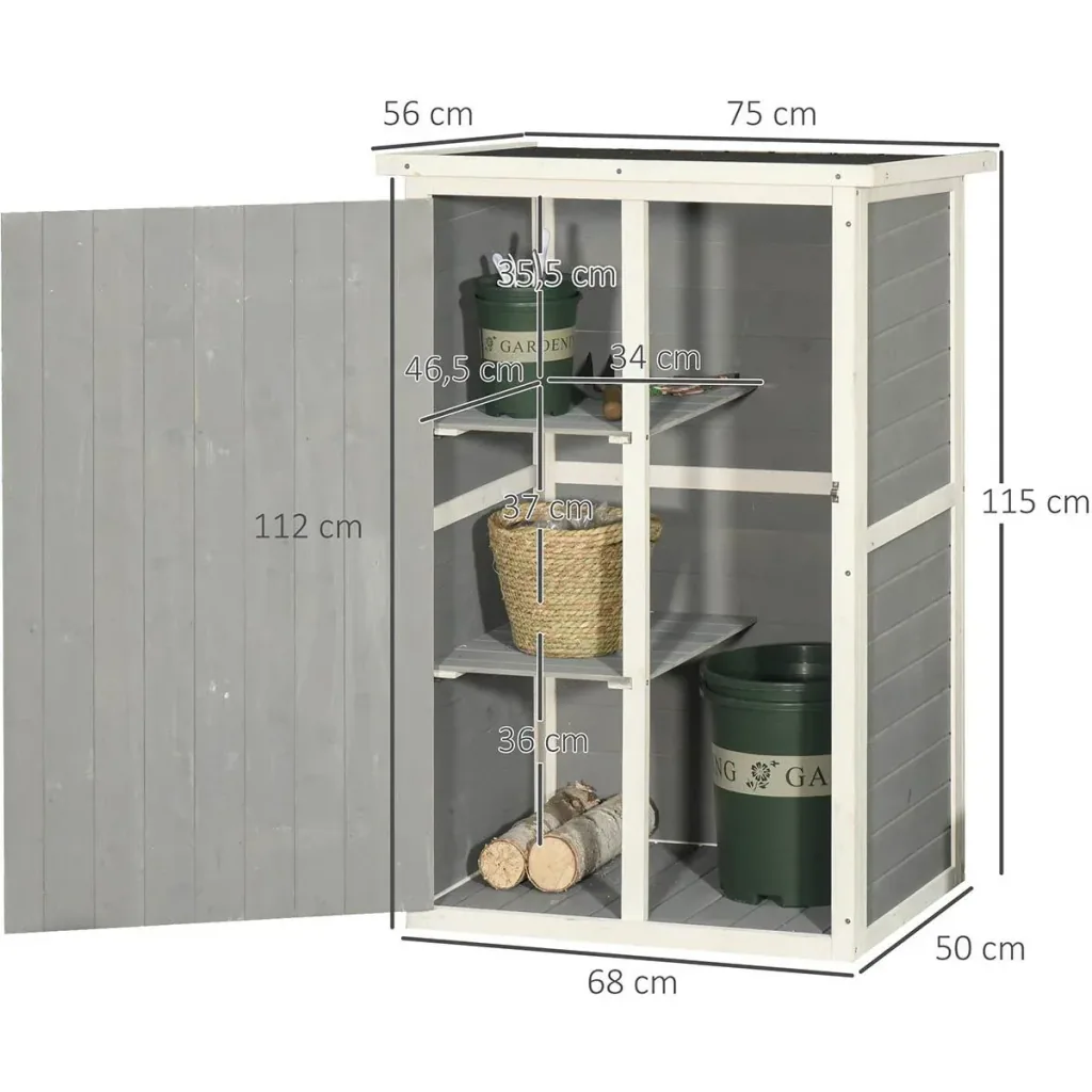 Gartenhaus Gerätehaus Geräteschuppen mit Regalböden Geräteschuppen Lagerschuppen für Garten Tanne Schwarz+Grau+Weiß 75 x