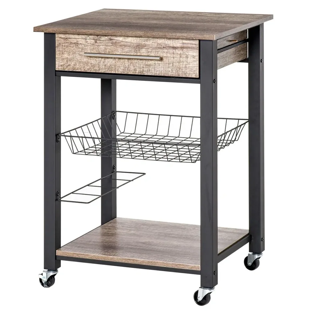 Küchenwagen Küchenrollwagen Servierwagen mit Ablage Schublade Weinregal Spanplatte Metall Grau Eiche 60 x 50 x 84,5 cm