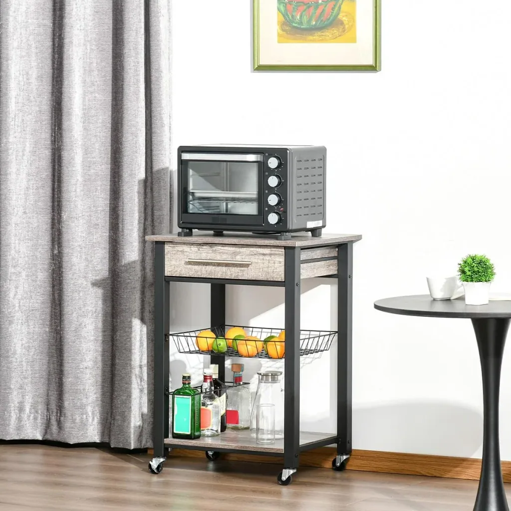 Küchenwagen Küchenrollwagen Servierwagen mit Ablage Schublade Weinregal Spanplatte Metall Grau Eiche 60 x 50 x 84,5 cm