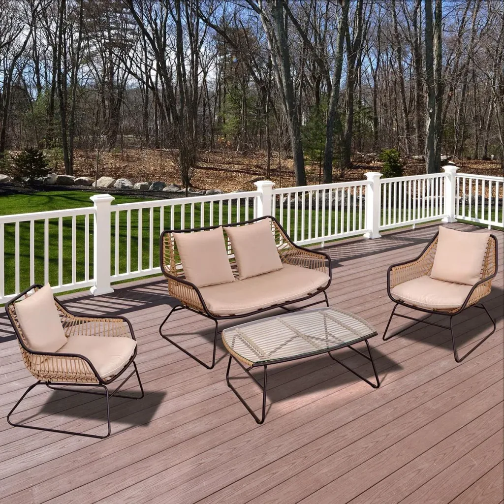 Polyrattan Gartenbank 4-teiliges Rattensofa-Set für Pause Teetisch aus gehärtetem Glas Sitzbank mit Tisch & Kissen Stahl