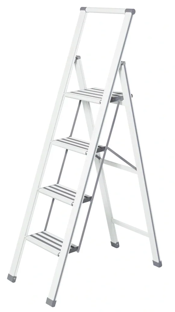 Alu-Design Klapptrittleiter 4-stufig Weiß, rutschfeste Haushaltsleiter, Sicherheits-Stehleiter