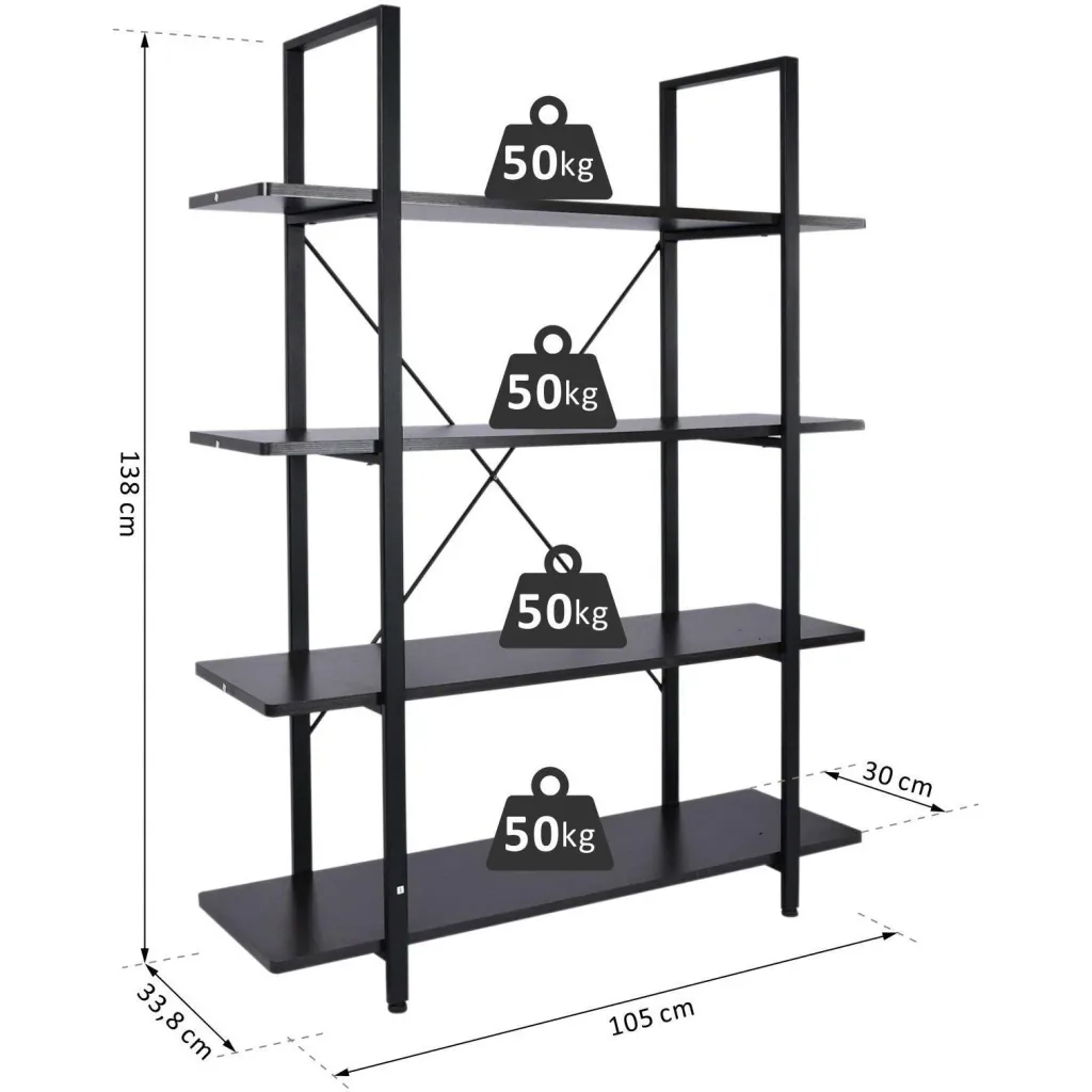 Standregal Aktenregal Bücherregal Holzregal Lagerregal 4 x Fach Schwarz 105 x 33,8 x 138 cm