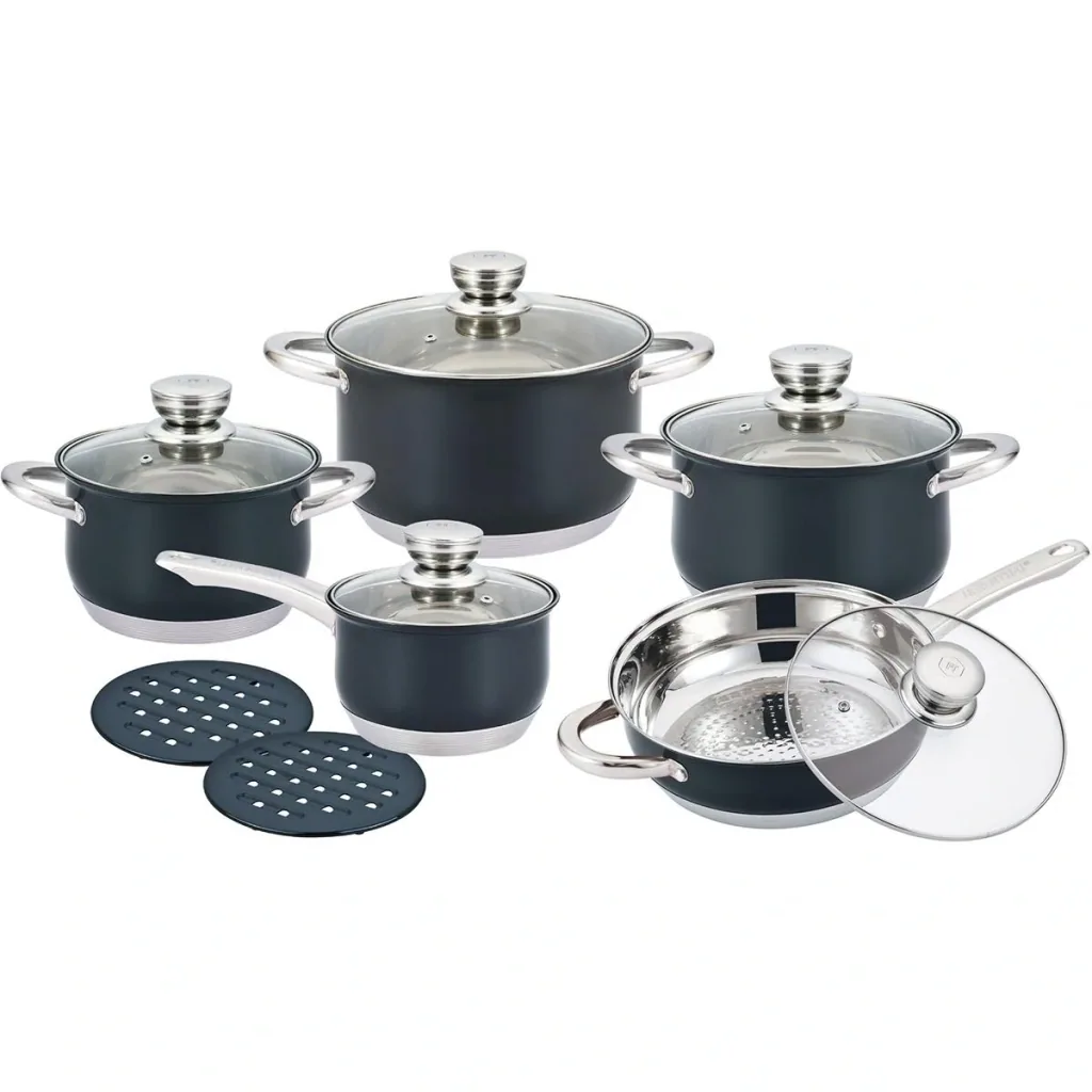 Herenthal - Komplettes 12-teiliges Kochgeschirr-Set - Schwarz/Silber