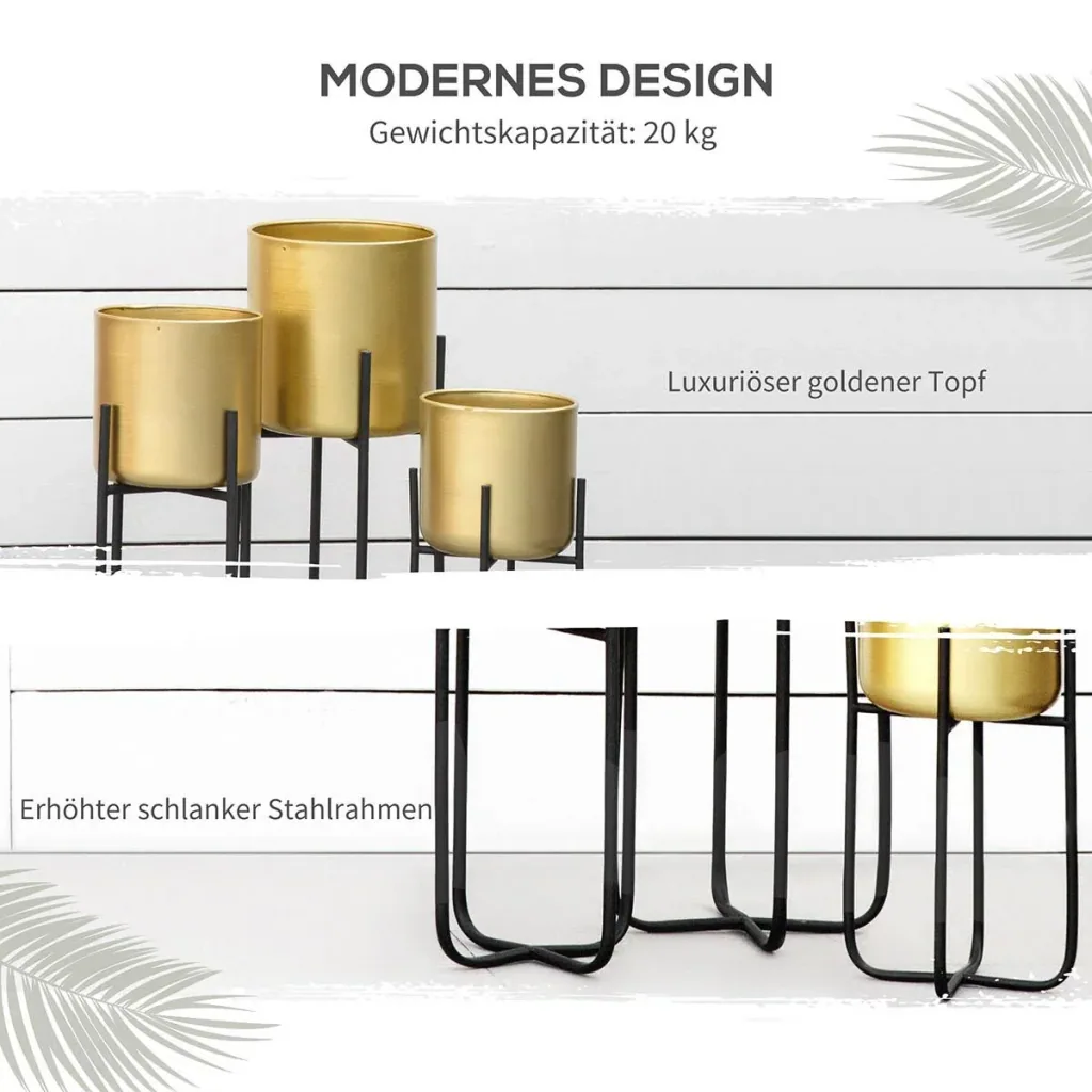 3er Set Blumenständer mit Blumentopf aus Metall Pflanzenständer Set Blumenhocker Blumentopfhalter Pflanzenhocker Gold