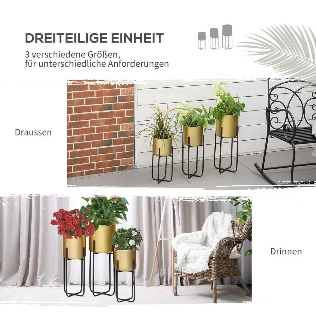 3er Set Blumenständer mit Blumentopf aus Metall Pflanzenständer Set Blumenhocker Blumentopfhalter Pflanzenhocker Gold