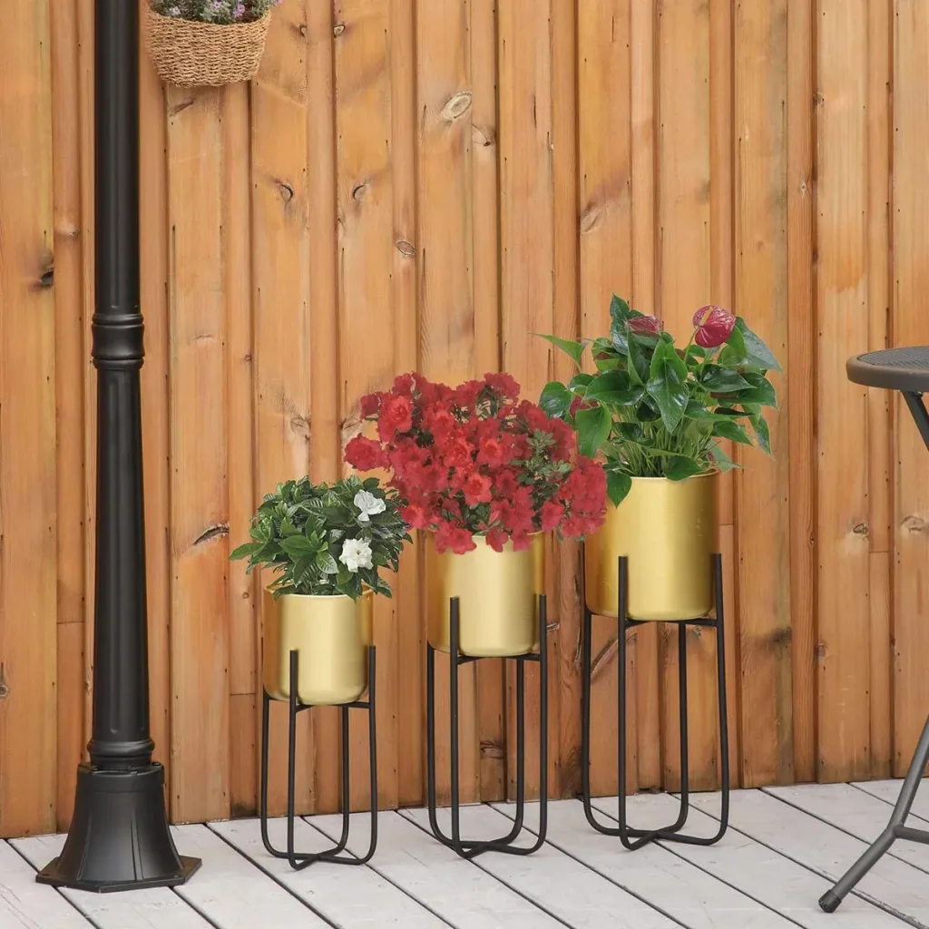 3er Set Blumenständer mit Blumentopf aus Metall Pflanzenständer Set Blumenhocker Blumentopfhalter Pflanzenhocker Gold