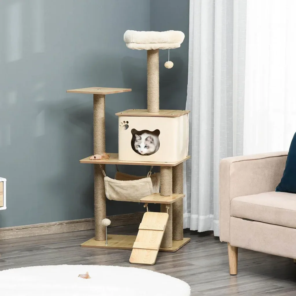 Spielplattform für Katzen - mit Kratzbaum, Haus, Handmatte - 60 x 40 x 130 cm