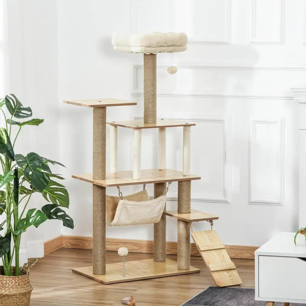 Spielplattform für Katzen - mit Kratzbaum, Haus, Handmatte - 60 x 40 x 130 cm