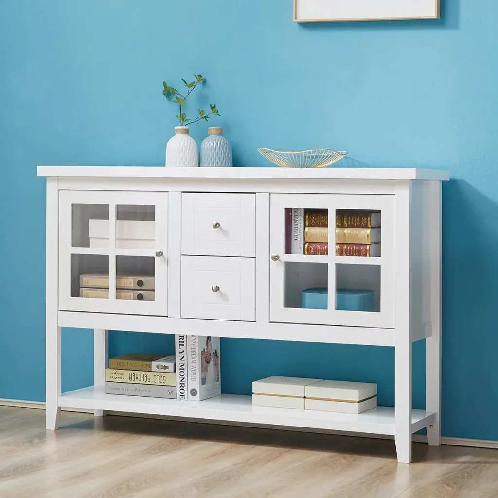 Küchenschrank Sideboard Aufbewahrungsschrank elegant mit zwei Glastürschränke offenes Regal zwei Schubladen Anti-Kipp-De