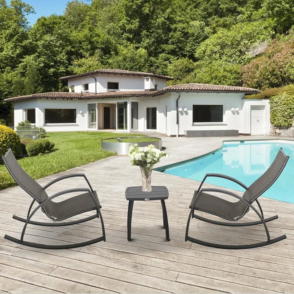 Rattan-Schaukelstuhl Bistroset 3 teilige 2 Stühle 1 Tisch Aluminium Komfort UV-Beständig für Gärten Terrassen Pools pati