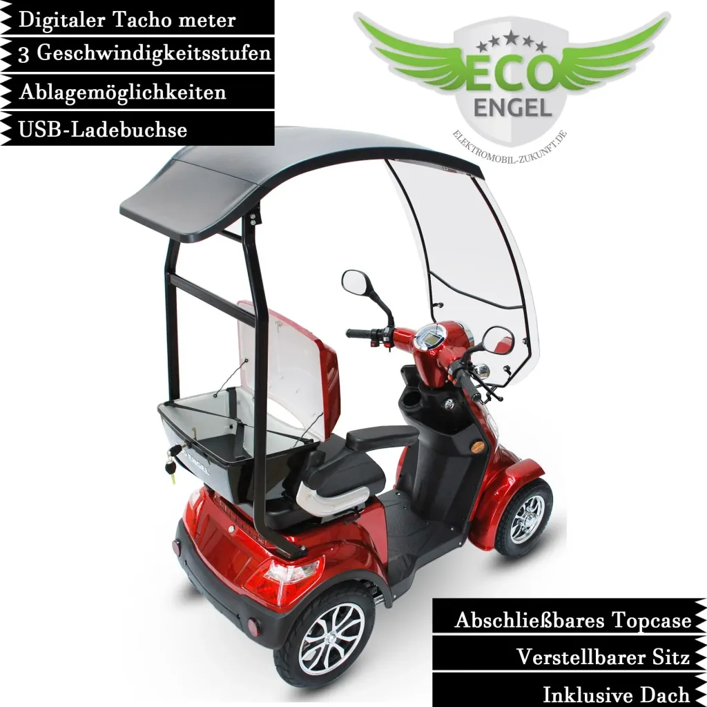 E-Scooter rot - 4 Räder - 25 km/h - mit Dach - Seniorenmobil