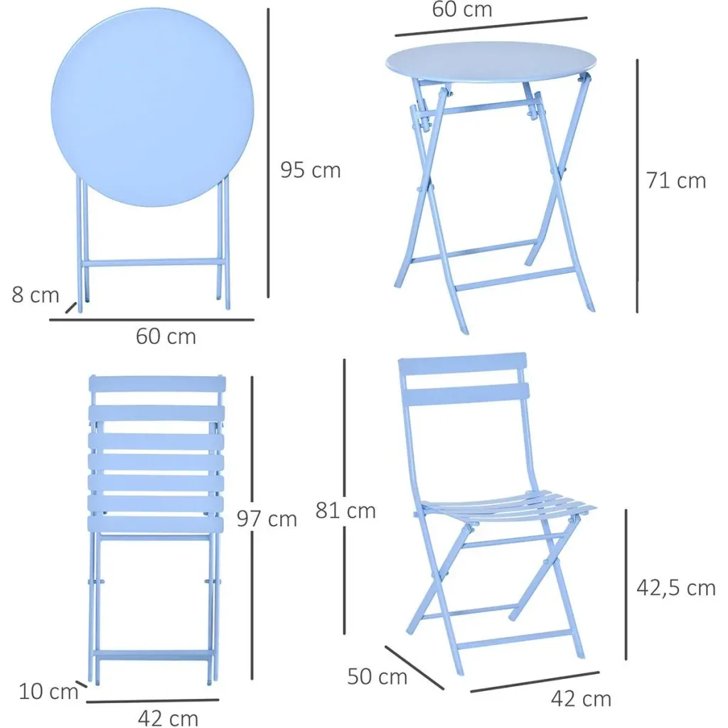 3-tlg. Gartenset Garnitur Bistrotisch mit 2 Stühlen für Hof Garten klappbar Hellblau