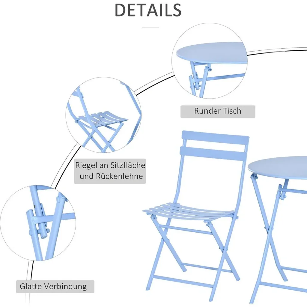 3-tlg. Gartenset Garnitur Bistrotisch mit 2 Stühlen für Hof Garten klappbar Hellblau