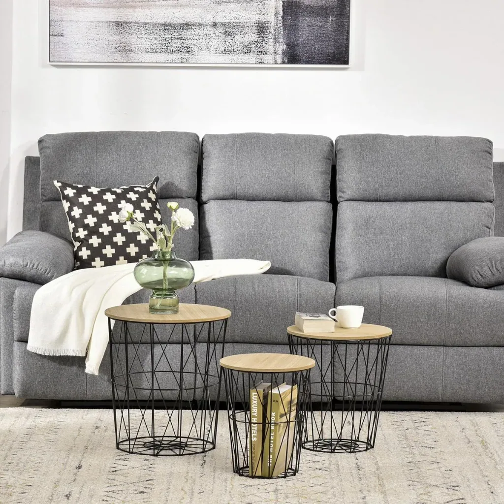 Couchtisch Beistelltisch 3-teilig Nachttisch Satztisch Wohnzimmer Schlafzimmer Metall MDF Naturholz+Schwarz Ø42 x 45H c