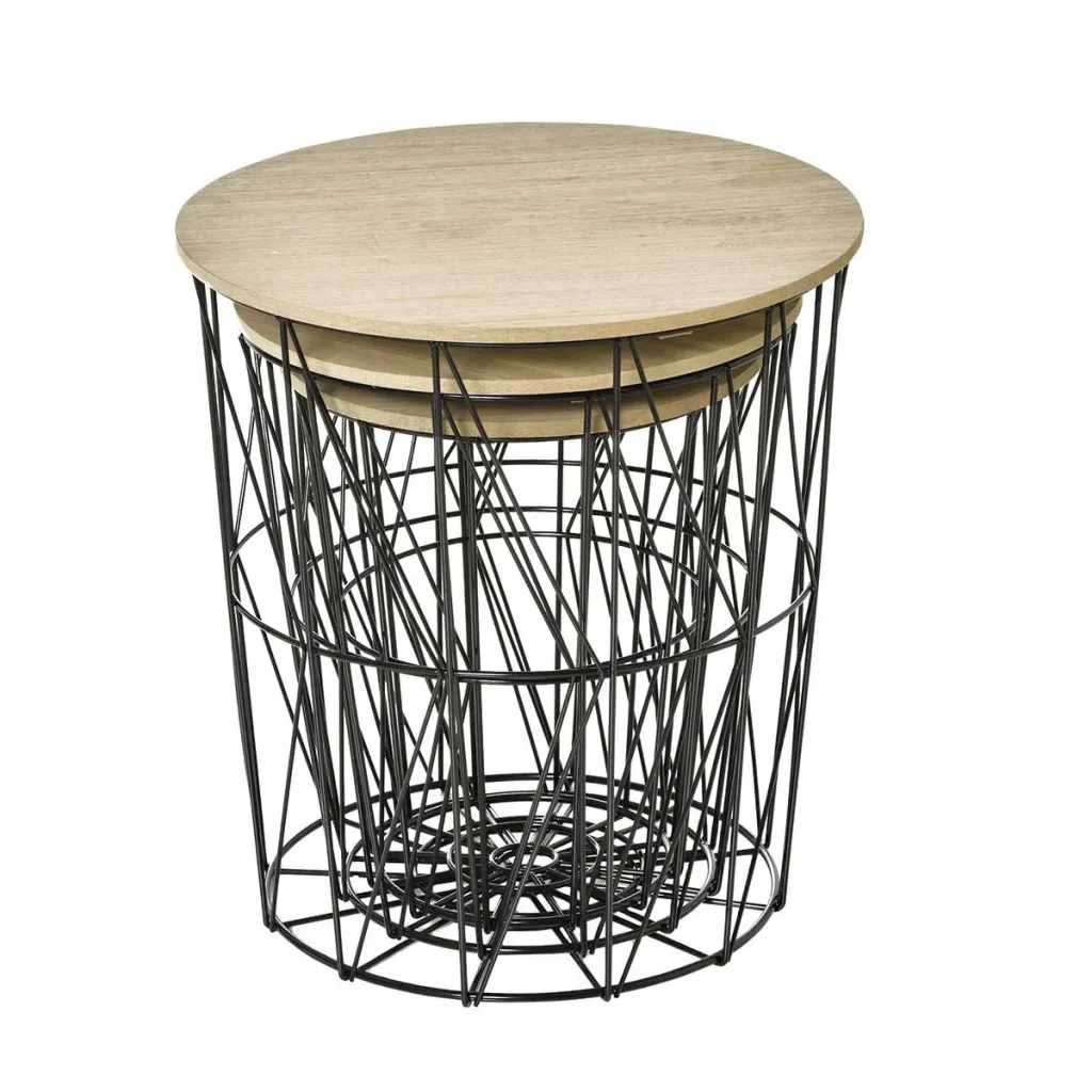 Couchtisch Beistelltisch 3-teilig Nachttisch Satztisch Wohnzimmer Schlafzimmer Metall MDF Naturholz+Schwarz Ø42 x 45H c