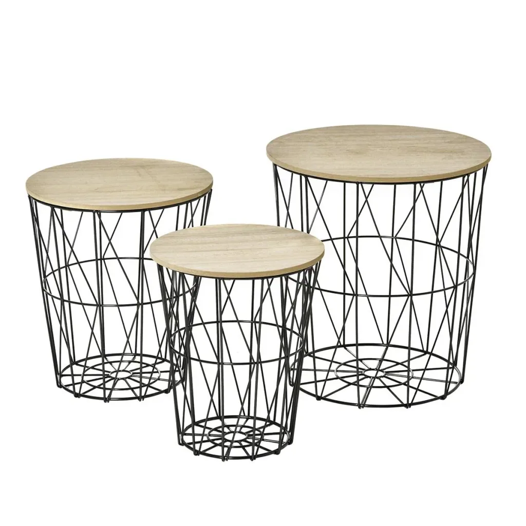 Couchtisch Beistelltisch 3-teilig Nachttisch Satztisch Wohnzimmer Schlafzimmer Metall MDF Naturholz+Schwarz Ø42 x 45H c
