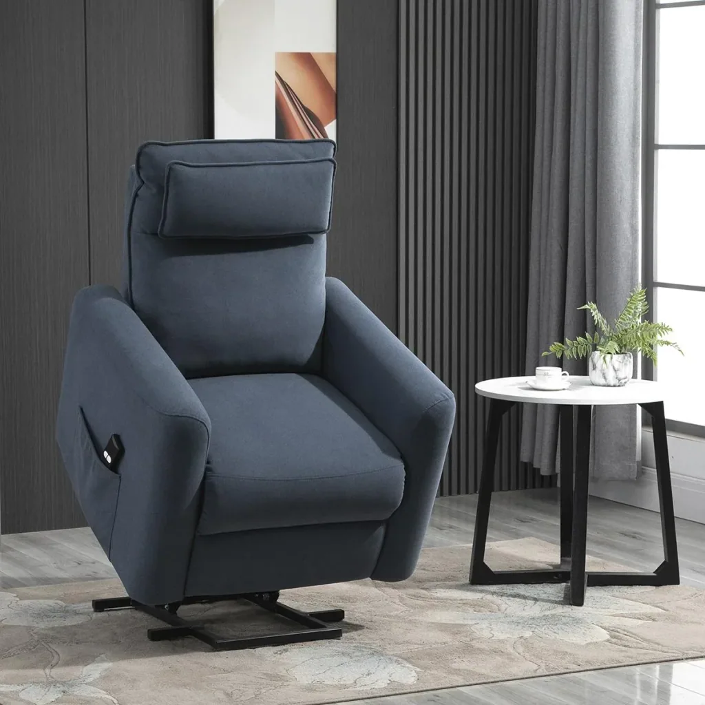 Aufstehsessel Fernsehsessel mit Aufstehhilfe elektrisch Liegefunktion Leinen-Touch Stahl Blau 85 x 89,5 x 105 cm