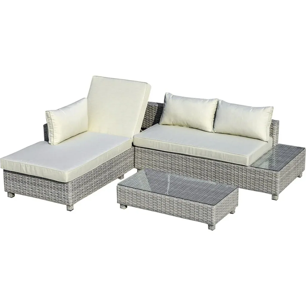 3-teiliges Polyrattan-Gartenmöbel-Lounge-Set mit Beistelltisch-Kissen Grau+Beige