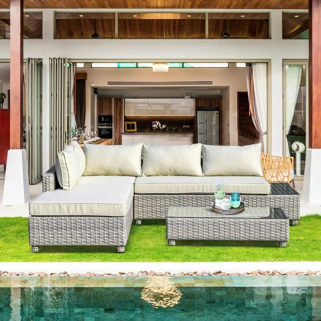 3-teiliges Polyrattan-Gartenmöbel-Lounge-Set mit Beistelltisch-Kissen Grau+Beige