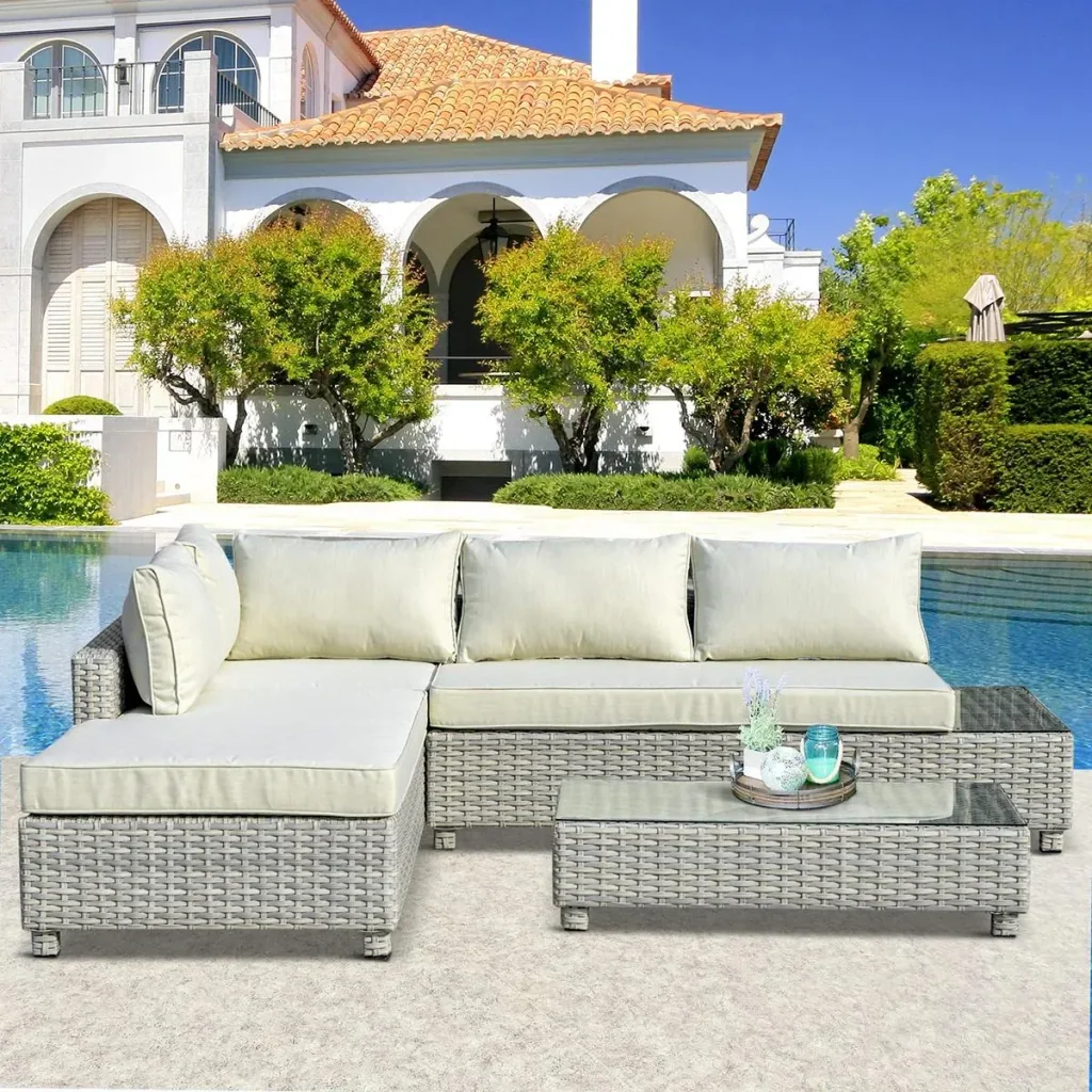 3-teiliges Polyrattan-Gartenmöbel-Lounge-Set mit Beistelltisch-Kissen Grau+Beige