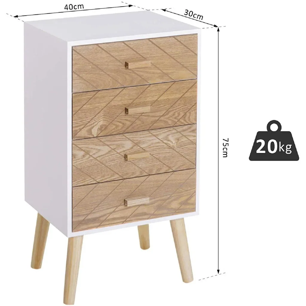 Nachttisch Nachtkommode Flurkommode mit 4 Schubladen Holz weiß+natur 40 x 30 x 75 cm