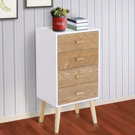 Nachttisch Nachtkommode Flurkommode mit 4 Schubladen Holz weiß+natur 40 x 30 x 75 cm