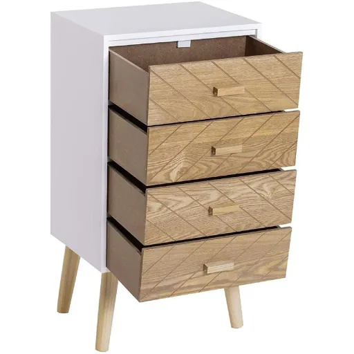 Nachttisch Nachtkommode Flurkommode mit 4 Schubladen Holz weiß+natur 40 x 30 x 75 cm