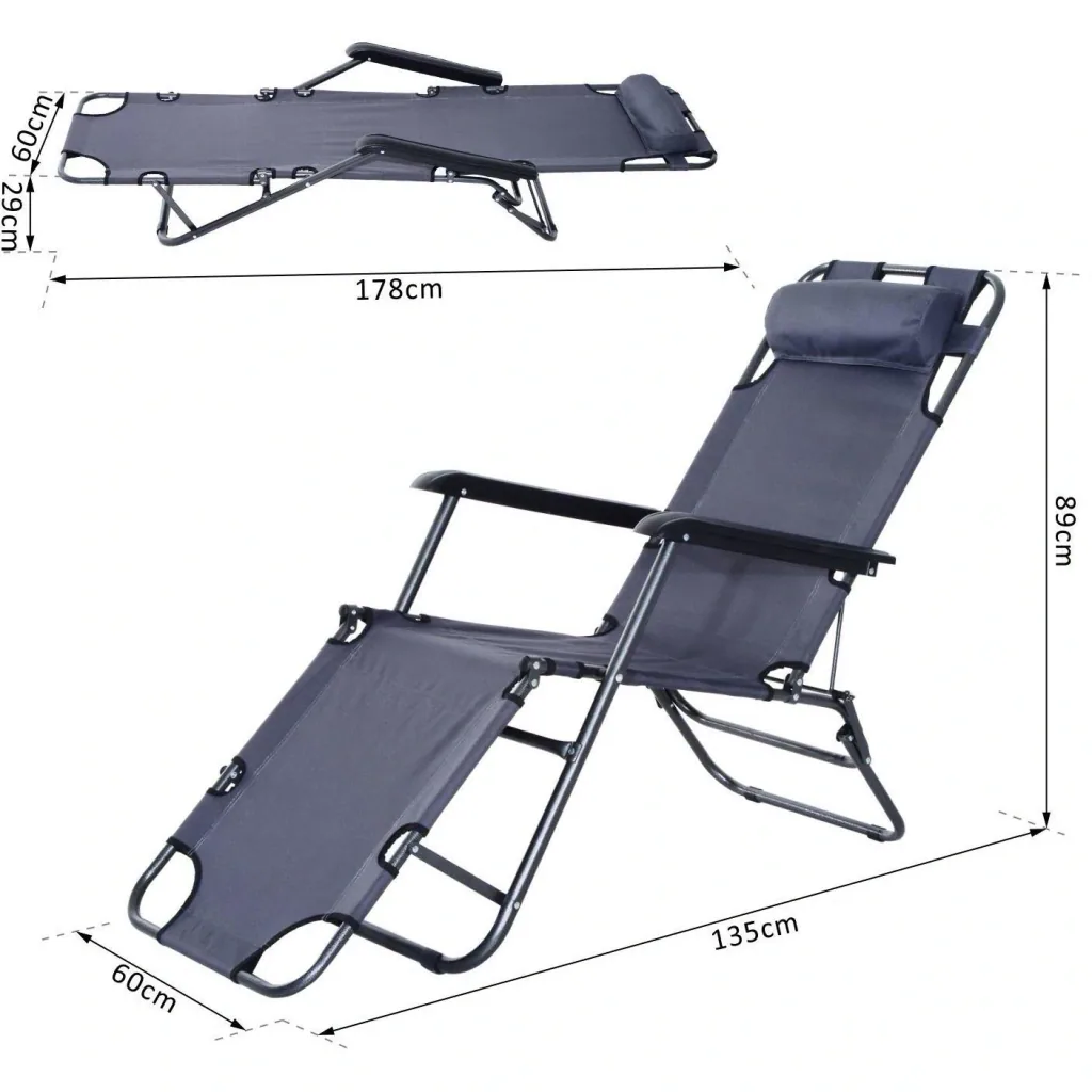 Sonnenliege Strandliege Gartenliege Relaxliege klappbar mit Kissen Strand Metall + Oxfordstoff Grau 135 x 60 x 89 cm