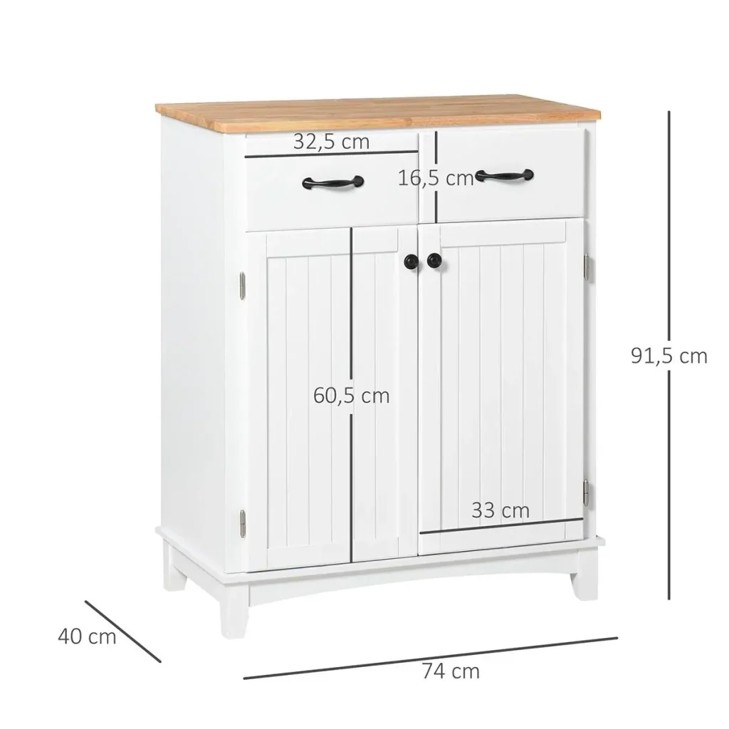 Küchenschrank Sideboard mit 2 Schubladen, Kommode verstellbaren Ablagen, Aufbewahrungsschrank, Holz, Weiß, 74 x 40 x 91,