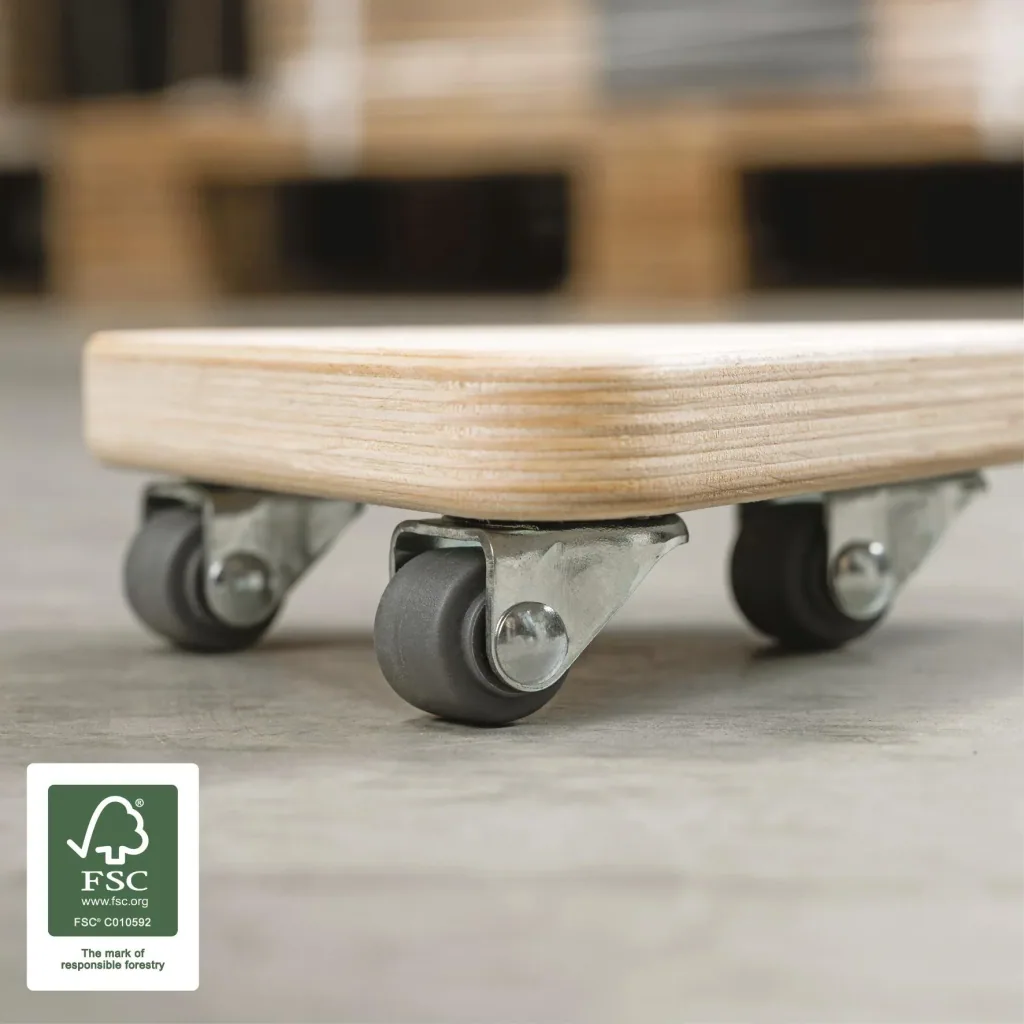 Transporthilfe MM 1313, 14 x 14 x 14 x 4,5 mm, softe Rollen Ø 20 mm, Multiplexplatte Birke FSC®, Tragkraft 100 kg