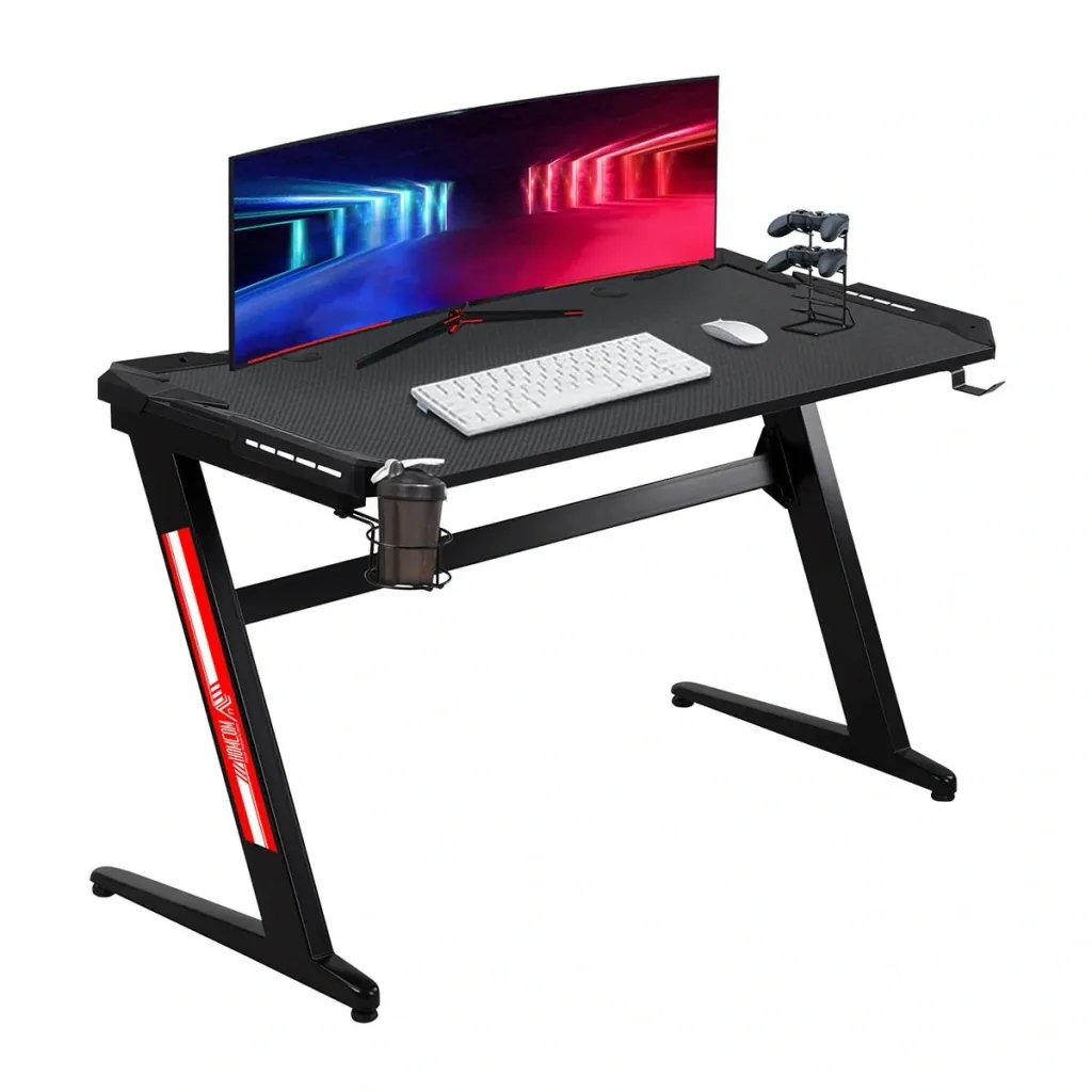 Computertisch Spieltisch mit LED-Licht Schreibtisch mit Becherhalter Kopfhörerhaken Z-förmiger Bürotisch MDF Metall ABS
