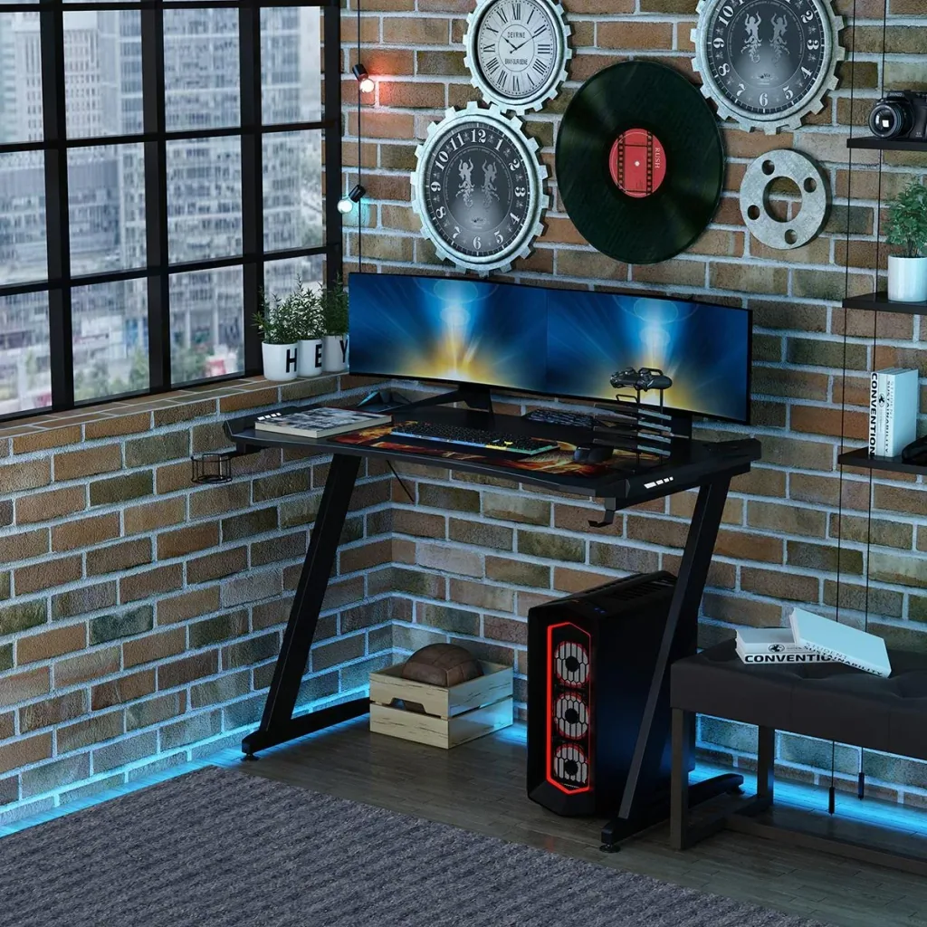 Computertisch Spieltisch mit LED-Licht Schreibtisch mit Becherhalter Kopfhörerhaken Z-förmiger Bürotisch MDF Metall ABS
