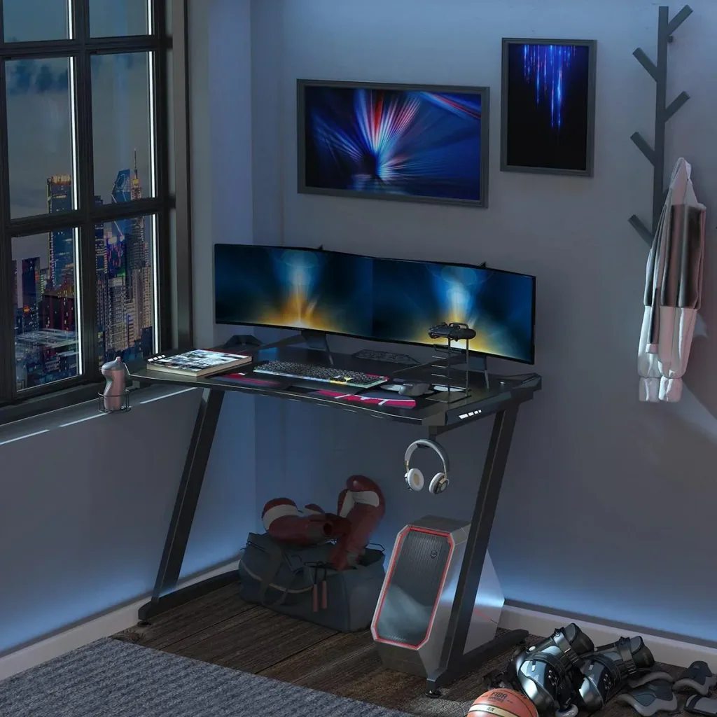 Computertisch Spieltisch mit LED-Licht Schreibtisch mit Becherhalter Kopfhörerhaken Z-förmiger Bürotisch MDF Metall ABS