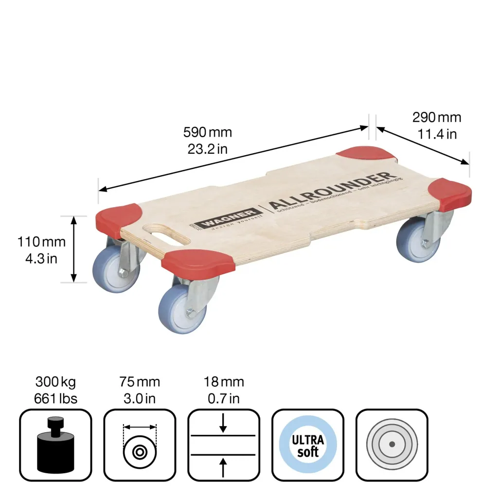 Transporthilfe MM 1322, 59 x 29 x 11 cm, softe Rollen Ø 80 mm Kugellager, Kantenschutz Multiplex FSC®, Tragkraft 400 kg