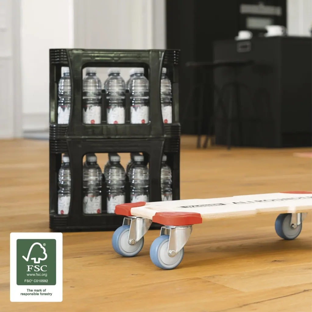 Transporthilfe MM 1322, 59 x 29 x 11 cm, softe Rollen Ø 80 mm Kugellager, Kantenschutz Multiplex FSC®, Tragkraft 400 kg