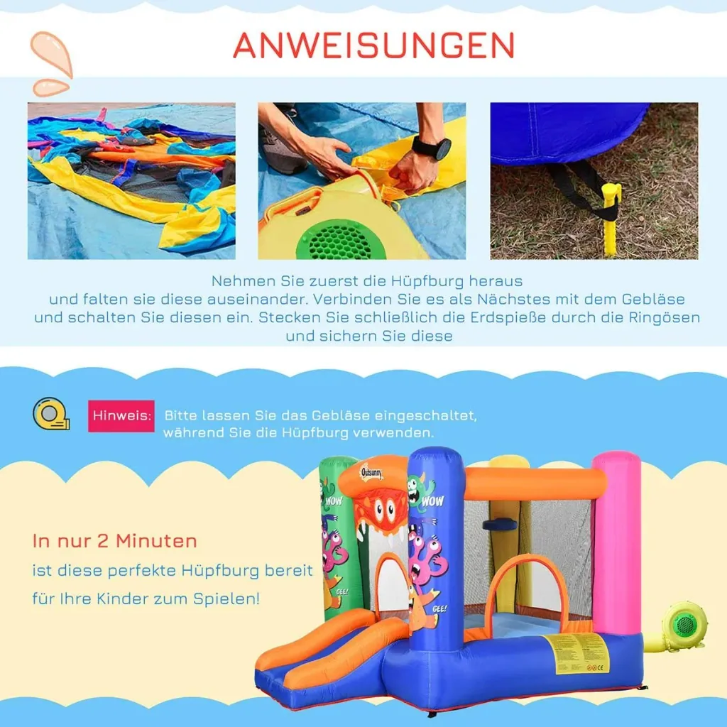 Aufblasbare Hüpfburg mit Rutsche für 2 Kinder Burg Springburg mit Gebläse Spielburg Spielhaus für 3-8 Jahre Kindergarten
