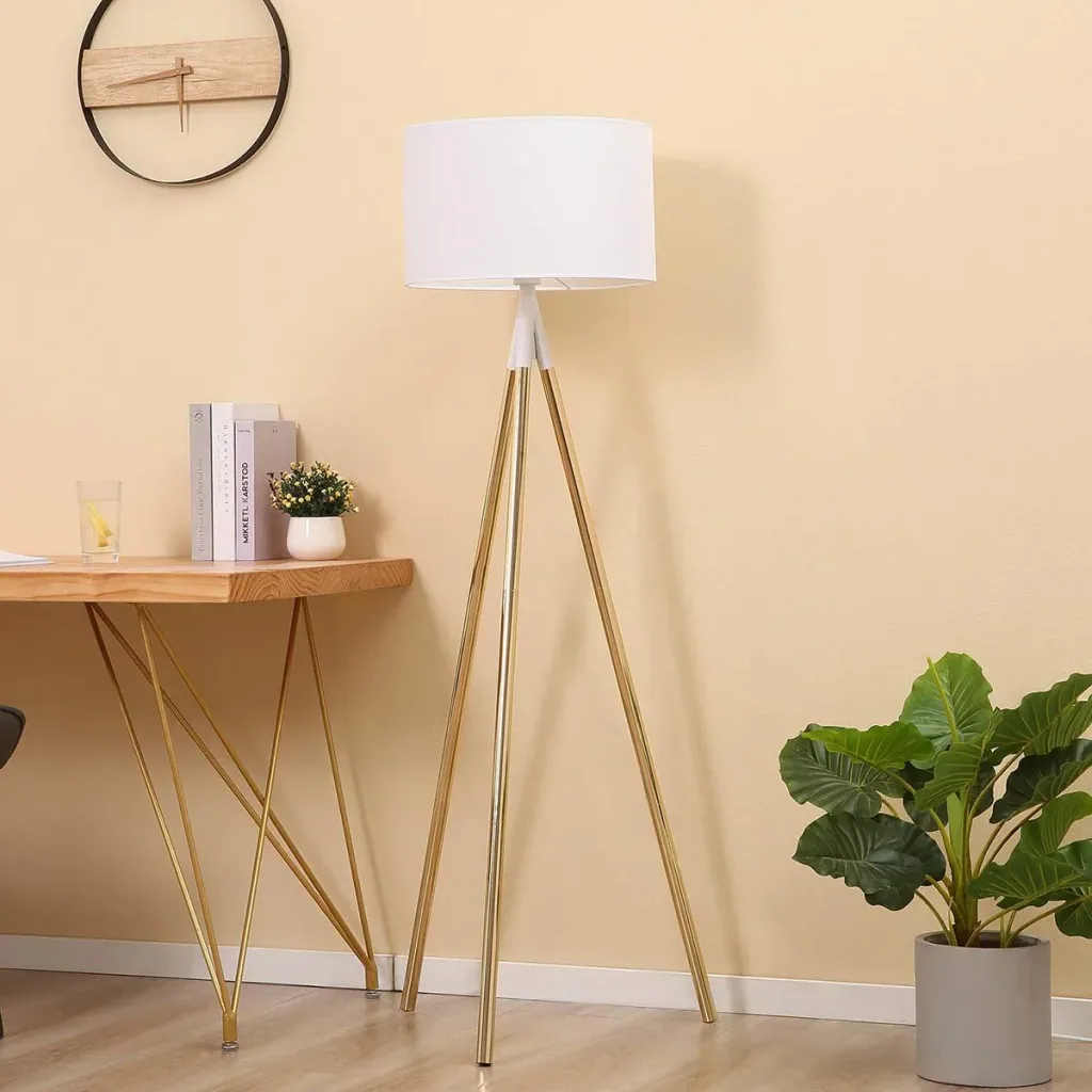 Stehlampe Wohnzimmer Tripod Stehleuchte 40W moderne Standleuchte mit E27 Fassung Metallfuß für Schlafzimmer Büro Weiß+Go