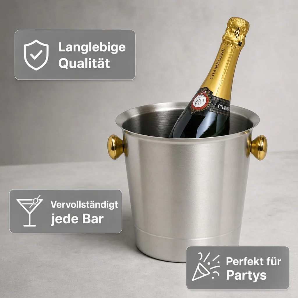 Flaschenkühler, Getränkekühler, Sekt-/Champagnerkübel, 5,0 L - Edelstahl Matt & Goldfarbene Griffe - Luxus & Qualität