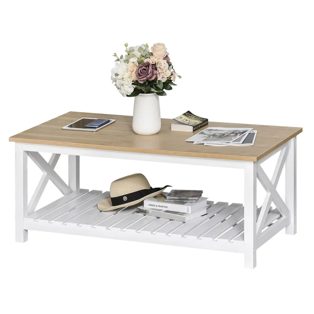 Beistelltisch Couchtisch Kaffeetisch stabiler Teetisch Wohnzimmertisch Bauernhausstil MDF Natur+Weiß 116 x 60 x 48 cm