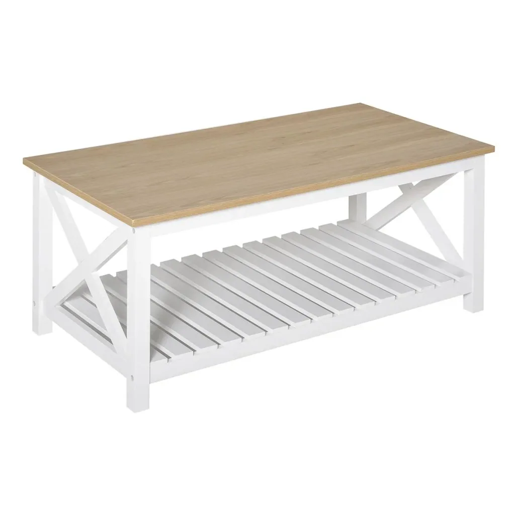 Beistelltisch Couchtisch Kaffeetisch stabiler Teetisch Wohnzimmertisch Bauernhausstil MDF Natur+Weiß 116 x 60 x 48 cm