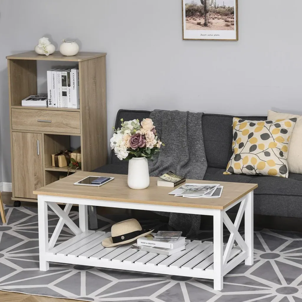 Beistelltisch Couchtisch Kaffeetisch stabiler Teetisch Wohnzimmertisch Bauernhausstil MDF Natur+Weiß 116 x 60 x 48 cm