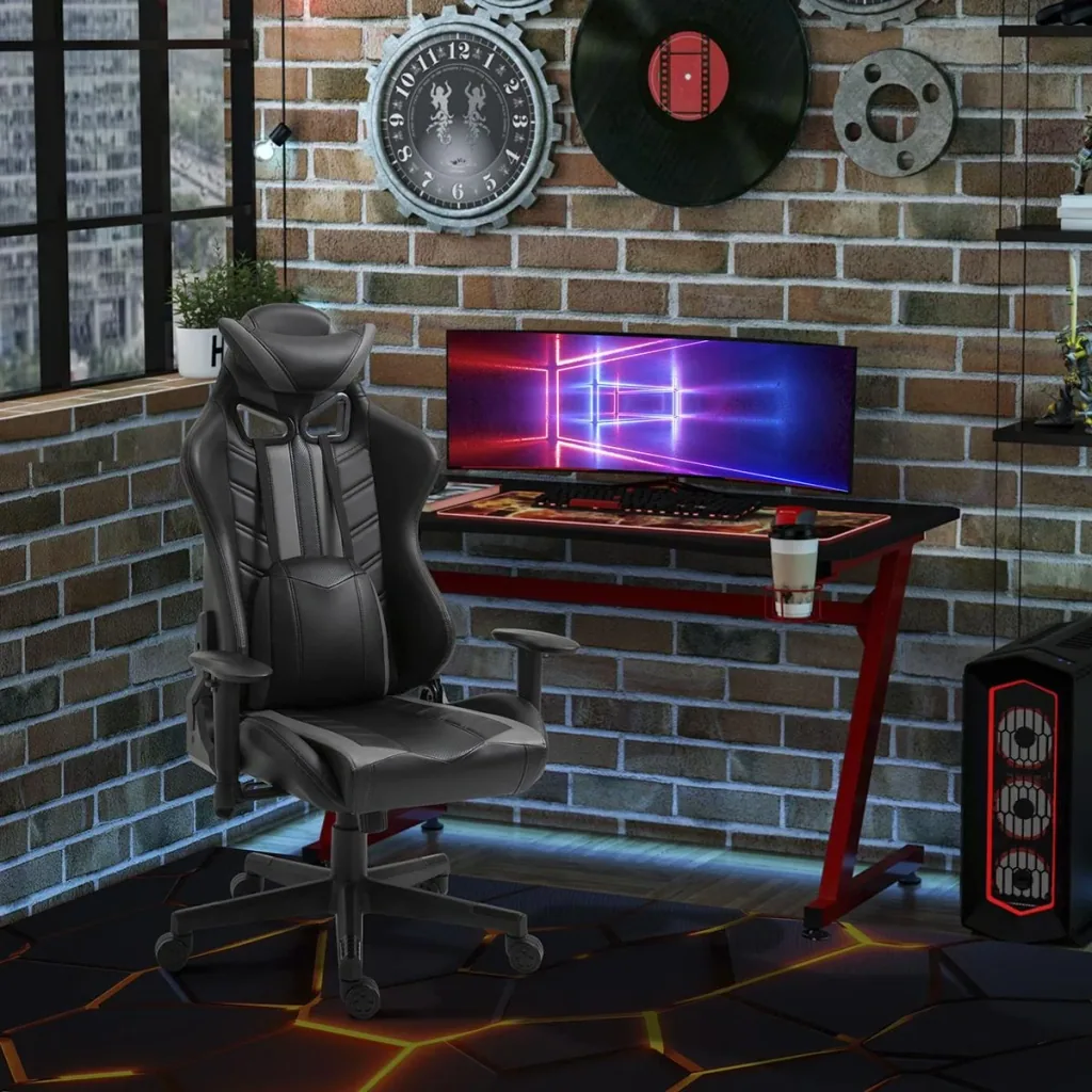 Gamingstuhl mit Wippenfunktion Bürostuhl höhenverstellbar 160° Neigungswinkel Schaumstoff Kunstleder Nylon Schwarz+Grau