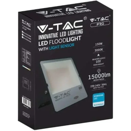 VT-167S LED-Flutlicht mit Tag/Nacht-Sensor - 150 W - 15000 Lm - 6500K - schwarz